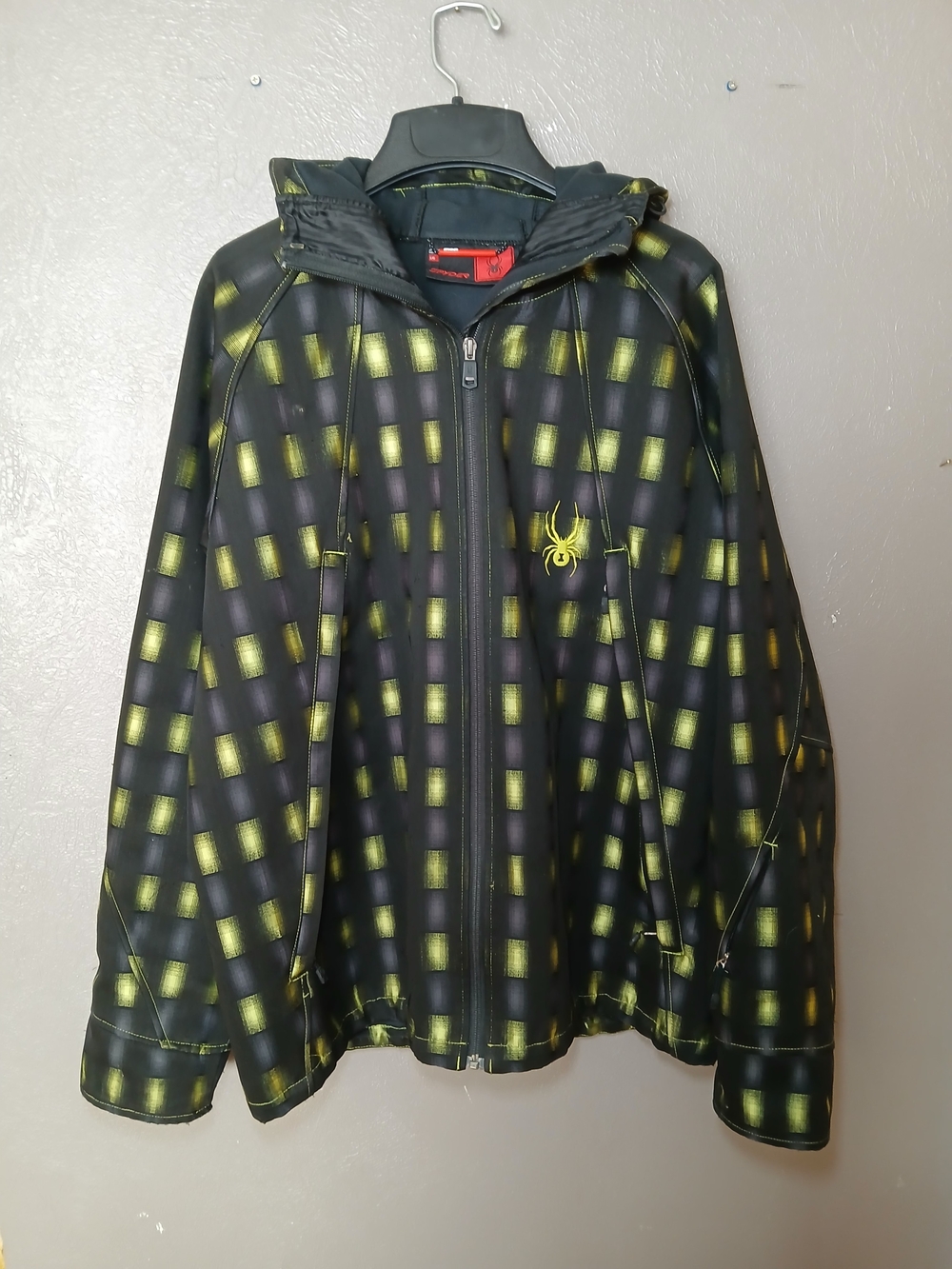 Spyder Black and Yellow Checkered Hooded Jacket-Men Large